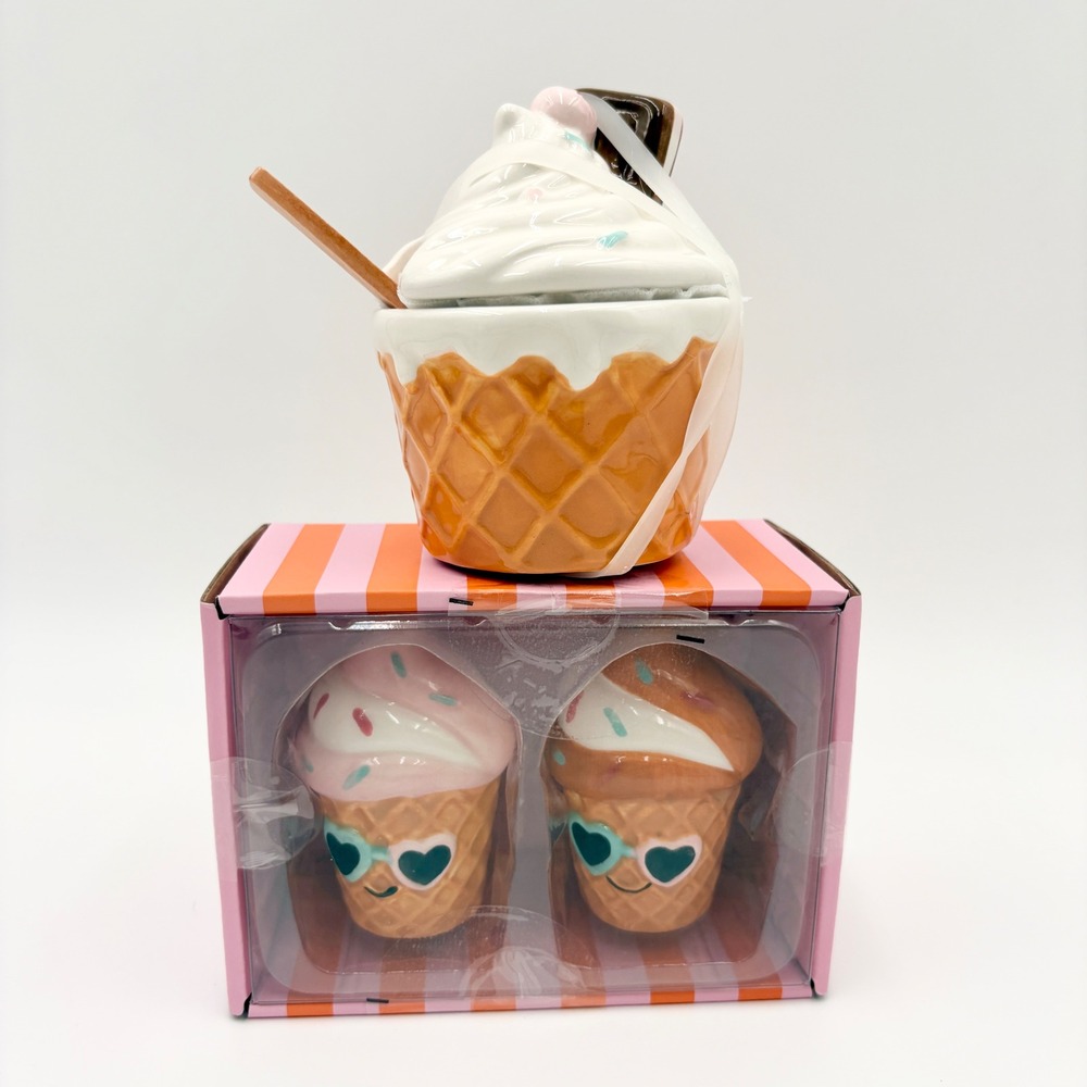 Shades of Summer Ceramic Ice Cream Sundae Sugar Bowl Salt and Pepper Shaker Set